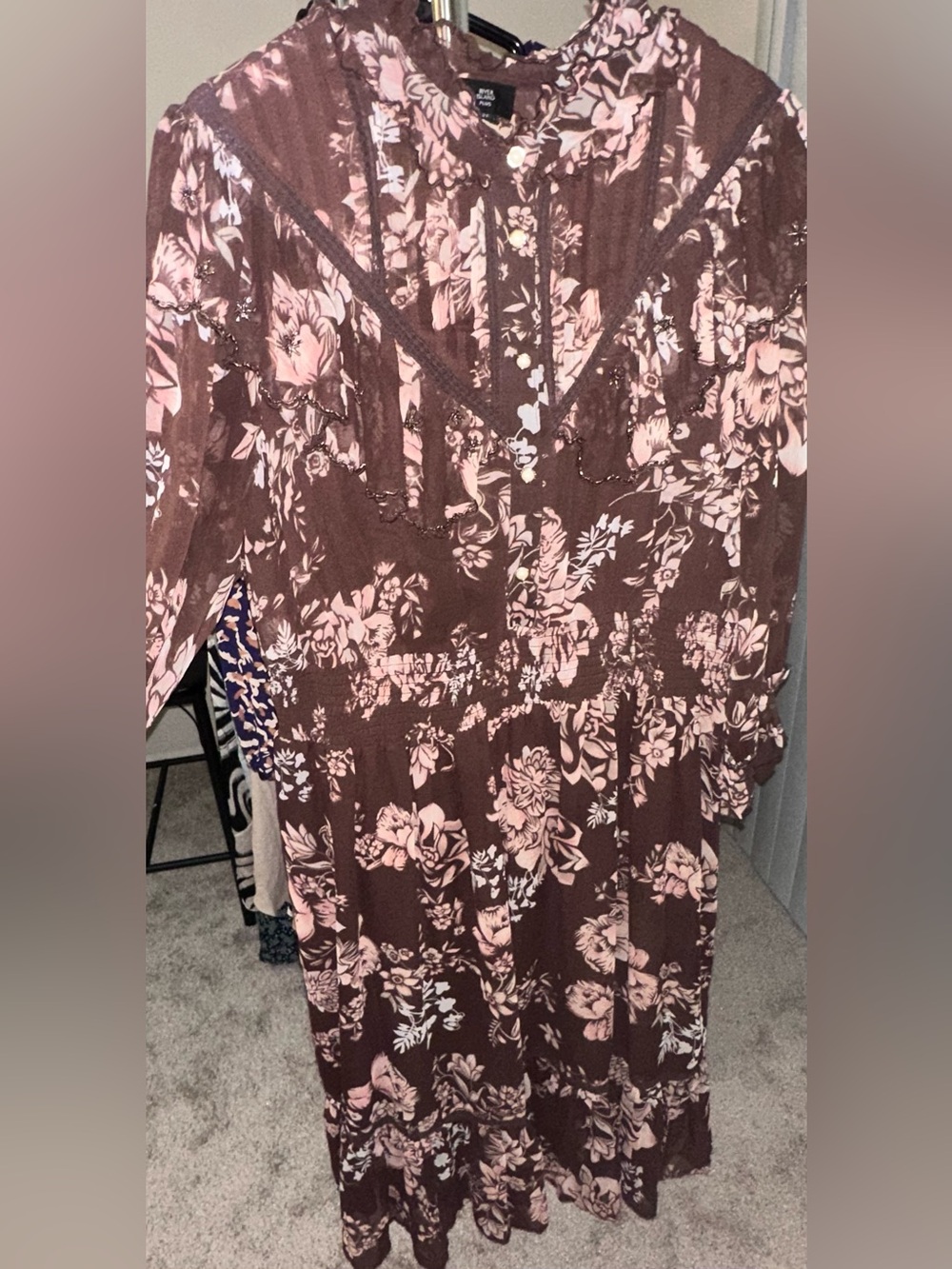 ASOS Brown & Blush Pink Floral Long Sleeve Midi Dress